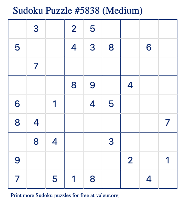 Free Printable Medium Sudoku Puzzle number 5838