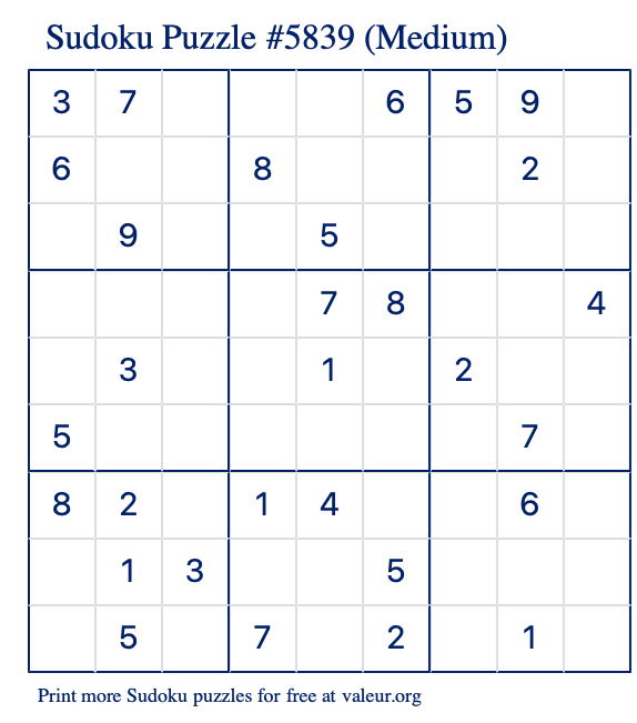 Free Printable Medium Sudoku Puzzle number 5839