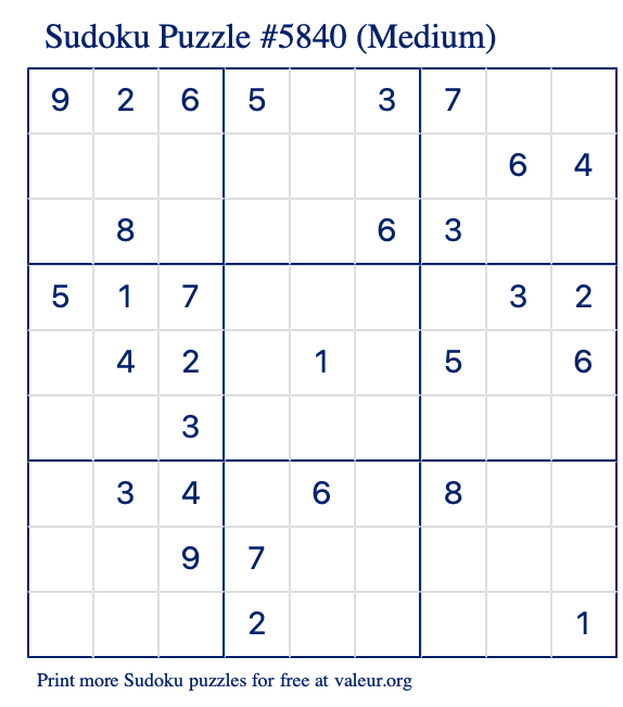 Free Printable Medium Sudoku Puzzle number 5840