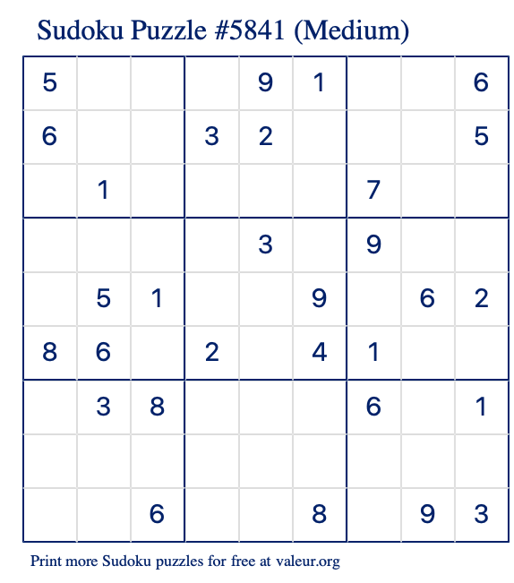 Free Printable Medium Sudoku Puzzle number 5841