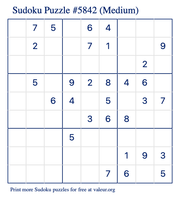 Free Printable Medium Sudoku Puzzle number 5842