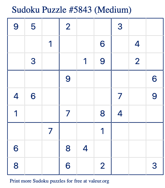 Free Printable Medium Sudoku Puzzle number 5843