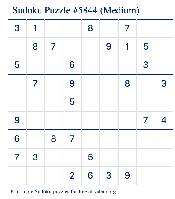Free Printable Medium Sudoku Puzzle number 5844