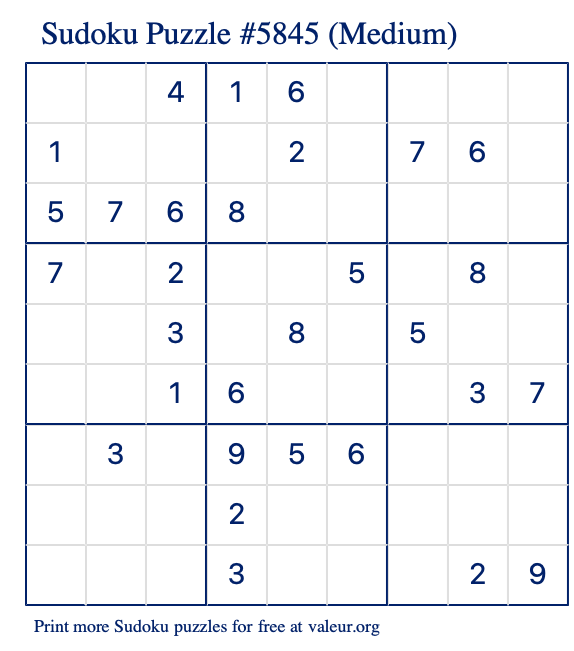 Free Printable Medium Sudoku Puzzle number 5845