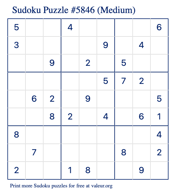 Free Printable Medium Sudoku Puzzle number 5846