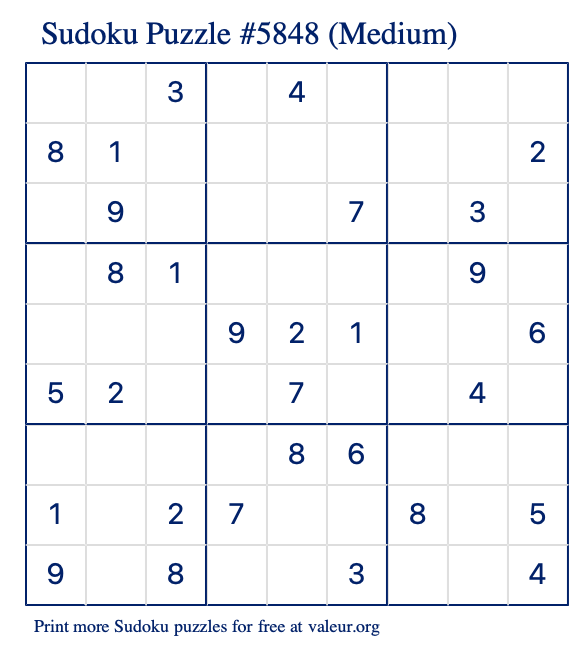 Free Printable Medium Sudoku Puzzle number 5848