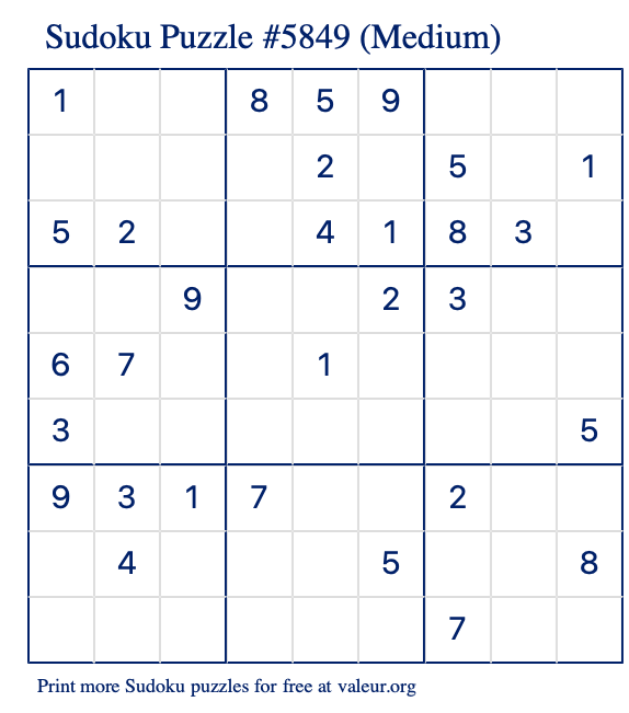 Free Printable Medium Sudoku Puzzle number 5849