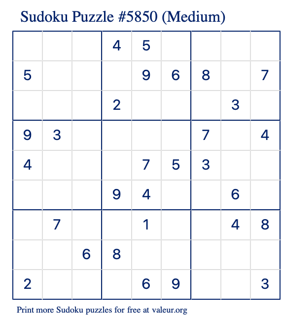 Free Printable Medium Sudoku Puzzle number 5850