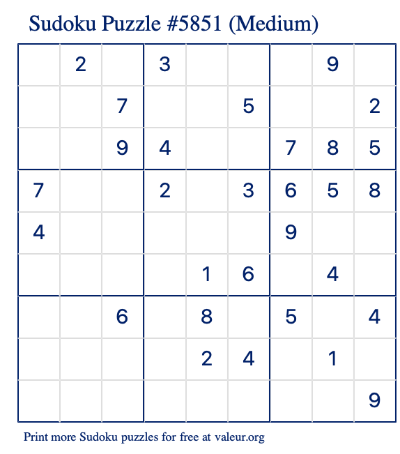 Free Printable Medium Sudoku Puzzle number 5851