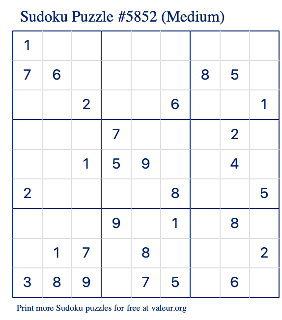 Free Printable Medium Sudoku Puzzle number 5852