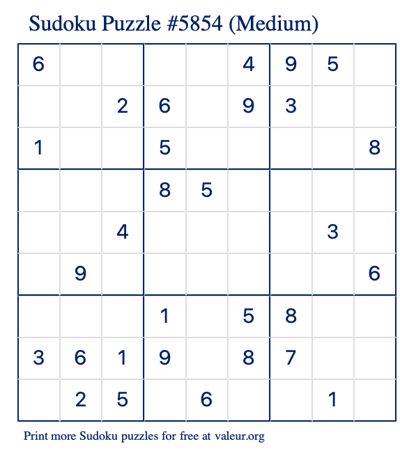 Free Printable Medium Sudoku Puzzle number 5854