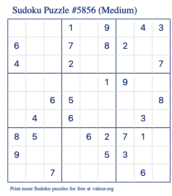 Free Printable Medium Sudoku Puzzle number 5856