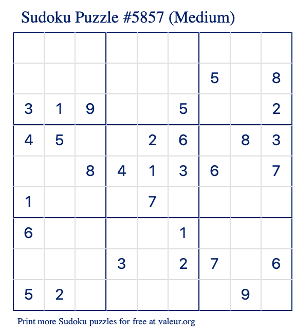 Free Printable Medium Sudoku Puzzle number 5857