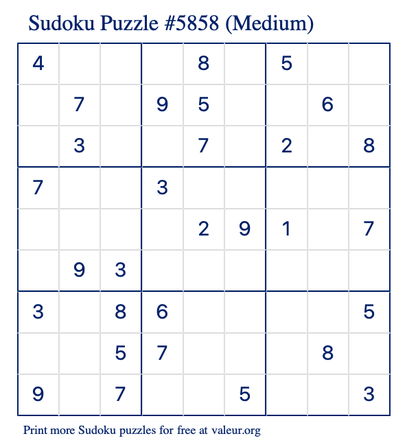 Free Printable Medium Sudoku Puzzle number 5858