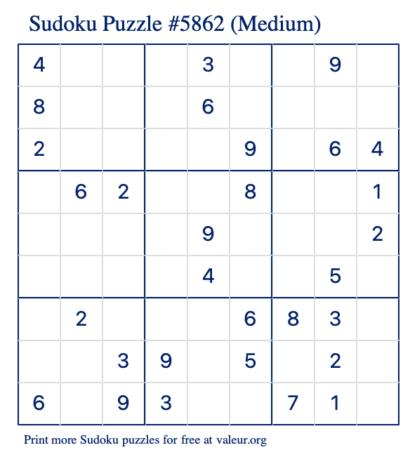 Free Printable Medium Sudoku Puzzle number 5862