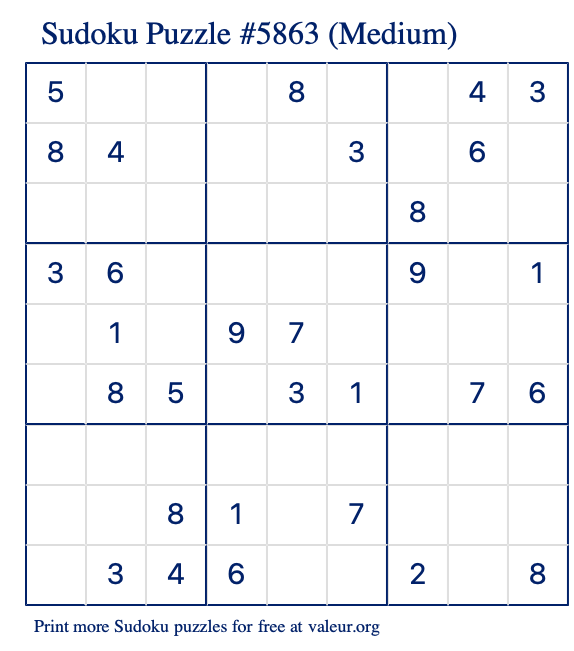Free Printable Medium Sudoku Puzzle number 5863