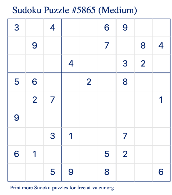 Free Printable Medium Sudoku Puzzle number 5865