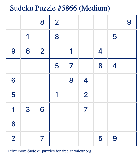 Free Printable Medium Sudoku Puzzle number 5866