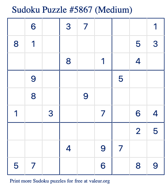 Free Printable Medium Sudoku Puzzle number 5867