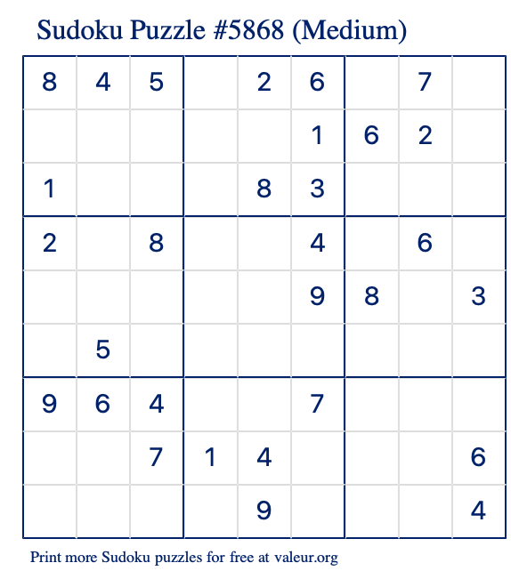 Free Printable Medium Sudoku Puzzle number 5868