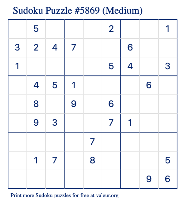 Free Printable Medium Sudoku Puzzle number 5869