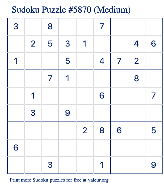 Free Printable Medium Sudoku Puzzle number 5870