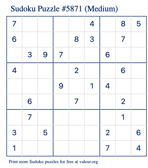 Free Printable Medium Sudoku Puzzle number 5871