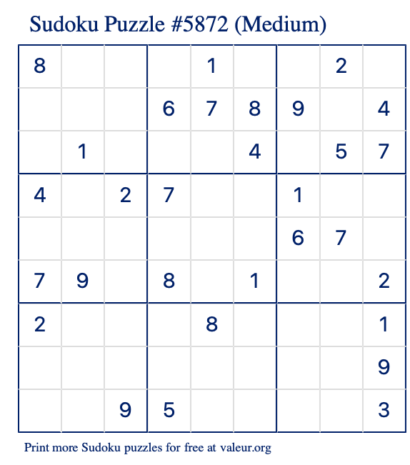 Free Printable Medium Sudoku Puzzle number 5872