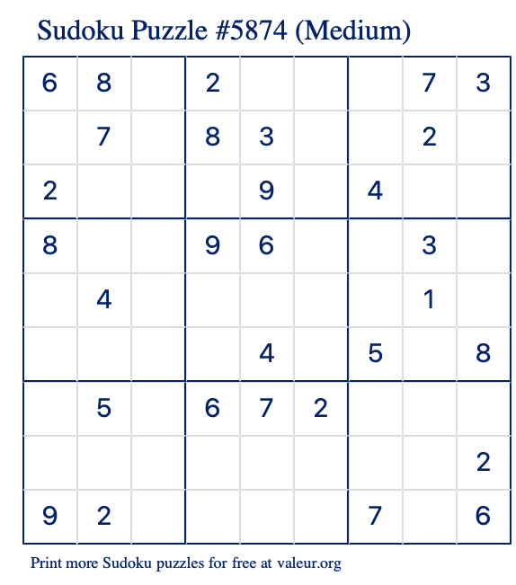 Free Printable Medium Sudoku Puzzle number 5874