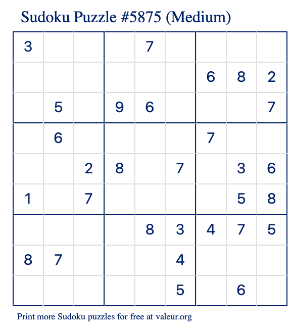 Free Printable Medium Sudoku Puzzle number 5875
