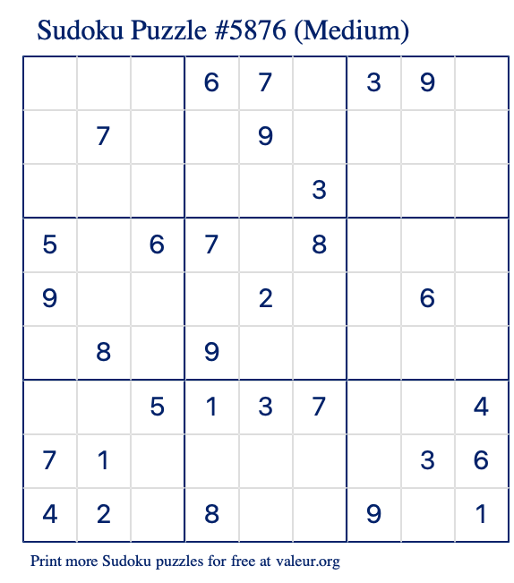 Free Printable Medium Sudoku Puzzle number 5876