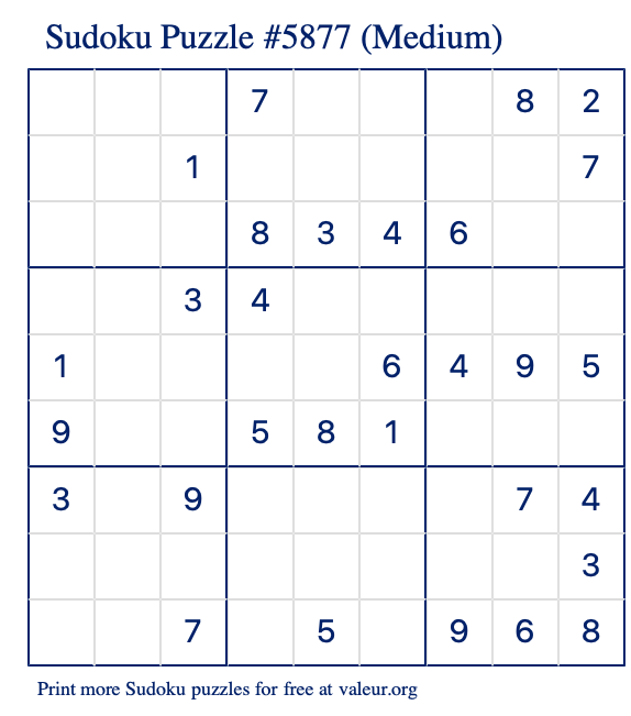 Free Printable Medium Sudoku Puzzle number 5877