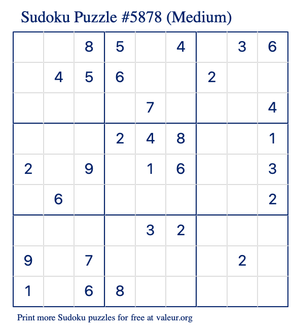 Free Printable Medium Sudoku Puzzle number 5878