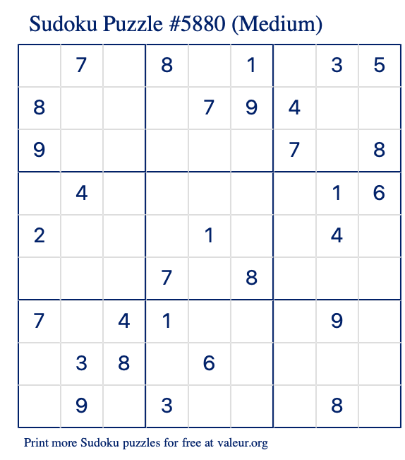 Free Printable Medium Sudoku Puzzle number 5880