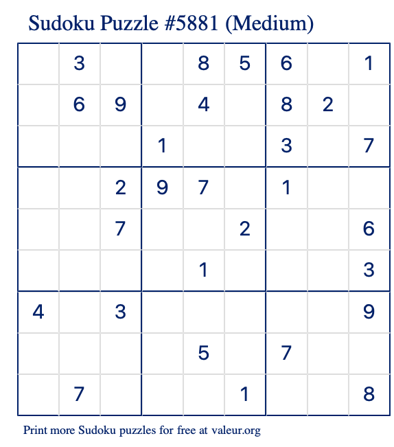 Free Printable Medium Sudoku Puzzle number 5881