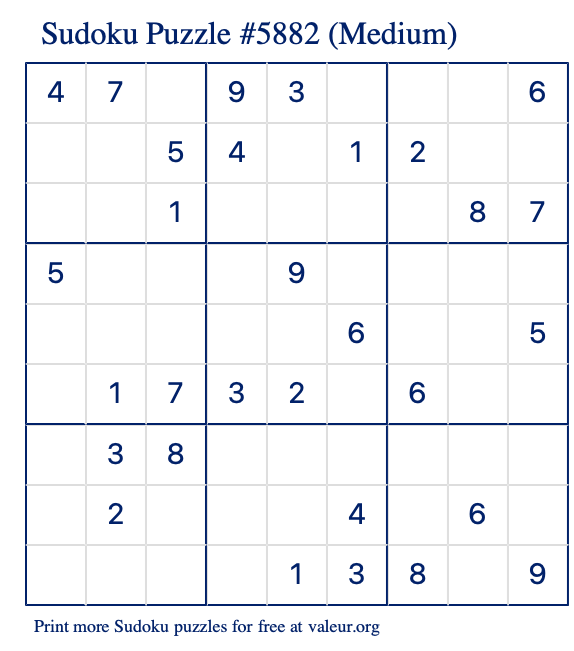 Free Printable Medium Sudoku Puzzle number 5882
