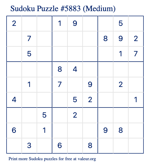 Free Printable Medium Sudoku Puzzle number 5883