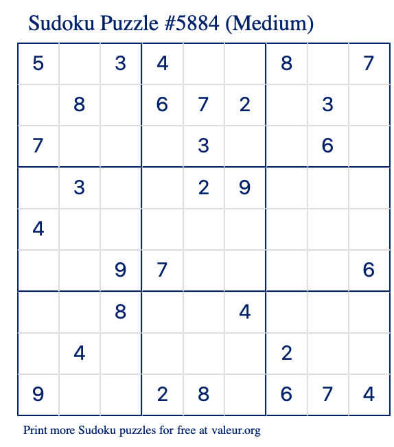 Free Printable Medium Sudoku Puzzle number 5884