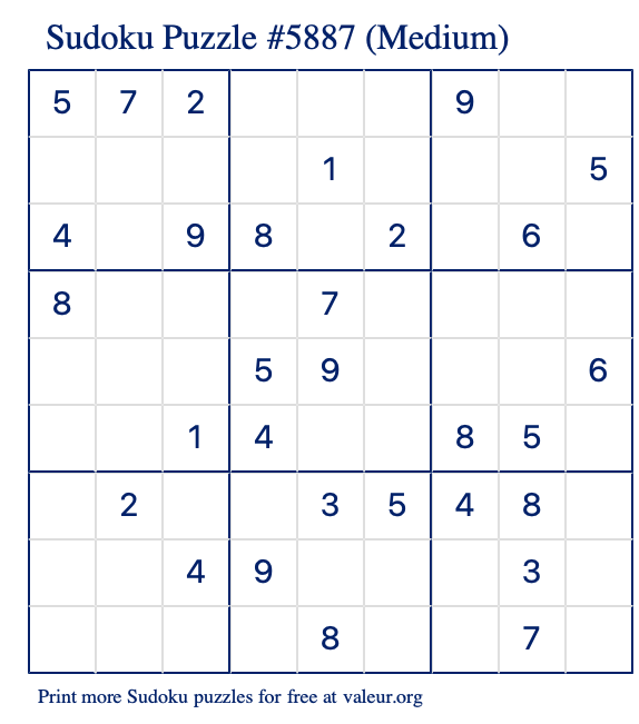 Free Printable Medium Sudoku Puzzle number 5887