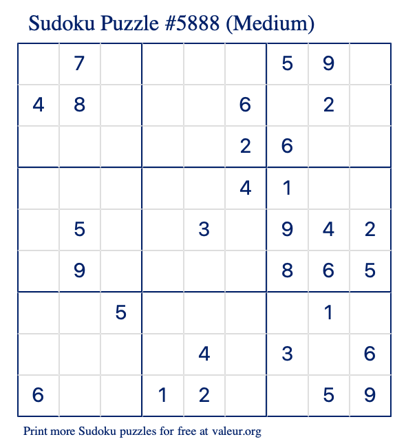 Free Printable Medium Sudoku Puzzle number 5888
