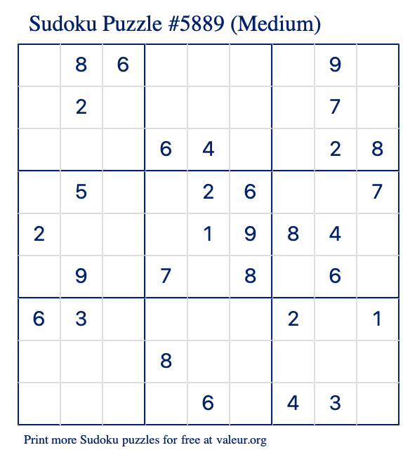 Free Printable Medium Sudoku Puzzle number 5889