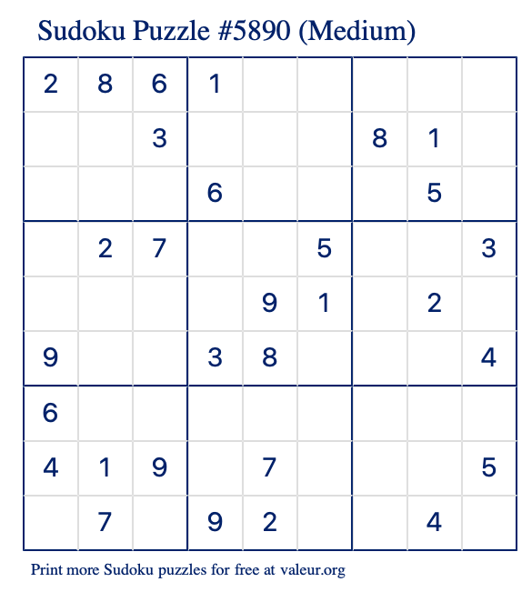 Free Printable Medium Sudoku Puzzle number 5890
