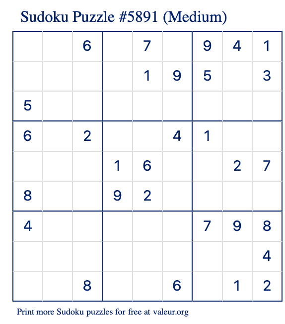 Free Printable Medium Sudoku Puzzle number 5891