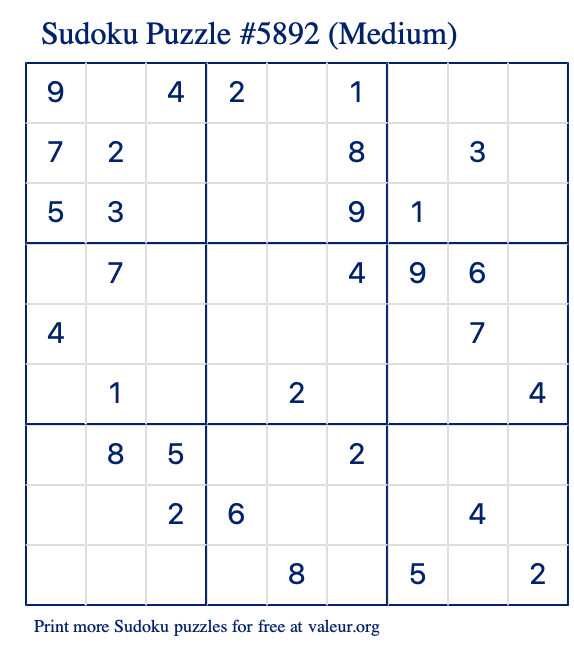 Free Printable Medium Sudoku Puzzle number 5892