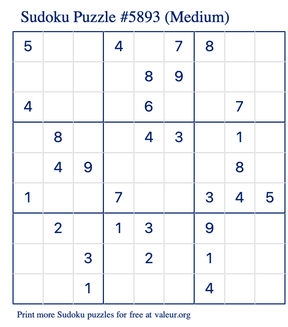 Free Printable Medium Sudoku Puzzle number 5893