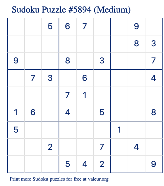 Free Printable Medium Sudoku Puzzle number 5894
