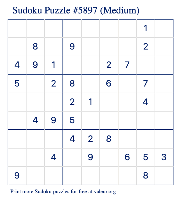 Free Printable Medium Sudoku Puzzle number 5897