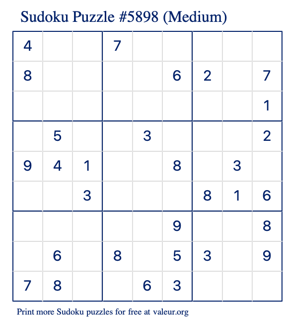 Free Printable Medium Sudoku Puzzle number 5898