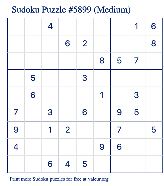 Free Printable Medium Sudoku Puzzle number 5899