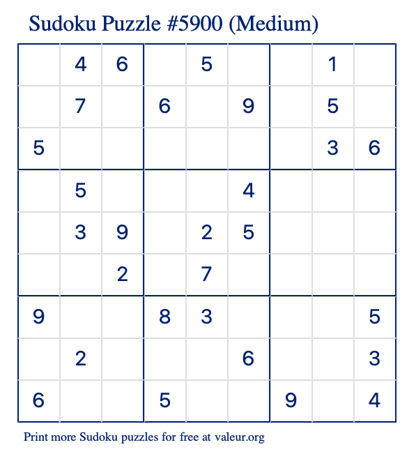 Free Printable Medium Sudoku Puzzle number 5900